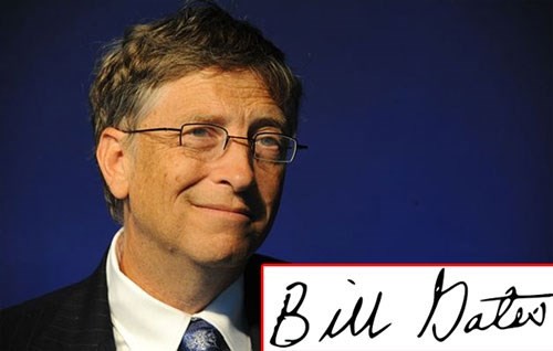 Chữ ký đơn giản, khá tròn trịa của Bill Gates - nhà sáng lập tập đoàn công nghệ Microsoft. Ông sinh năm 1955, mệnh Kim, khá đúng với nguyên tắc nêu trên khi chữ ký có ký tự gần như những hình tròn.